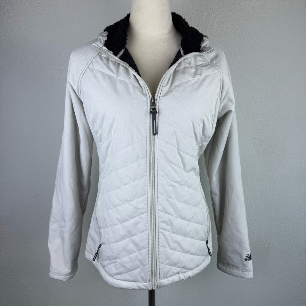 New Balance Full Zip Hoodie Puffer Jacket Coat Grey Zip Pockets Lined Womens Med